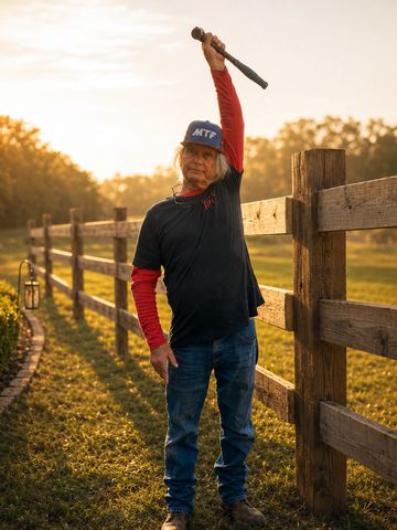 Person holding a stick overhead beside a wooden fence at sunset
