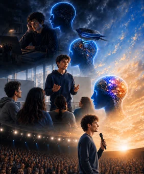 Illustration combining people and illuminated brain imagery